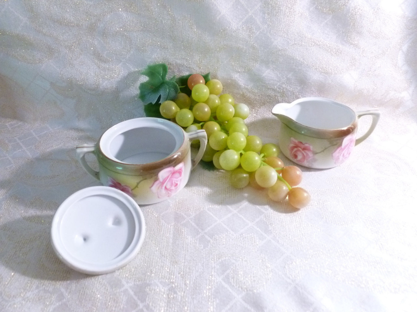 Prussia R&S Porcelain Creamer and Sugar Bowl Set, Hand Painted Pink Roses