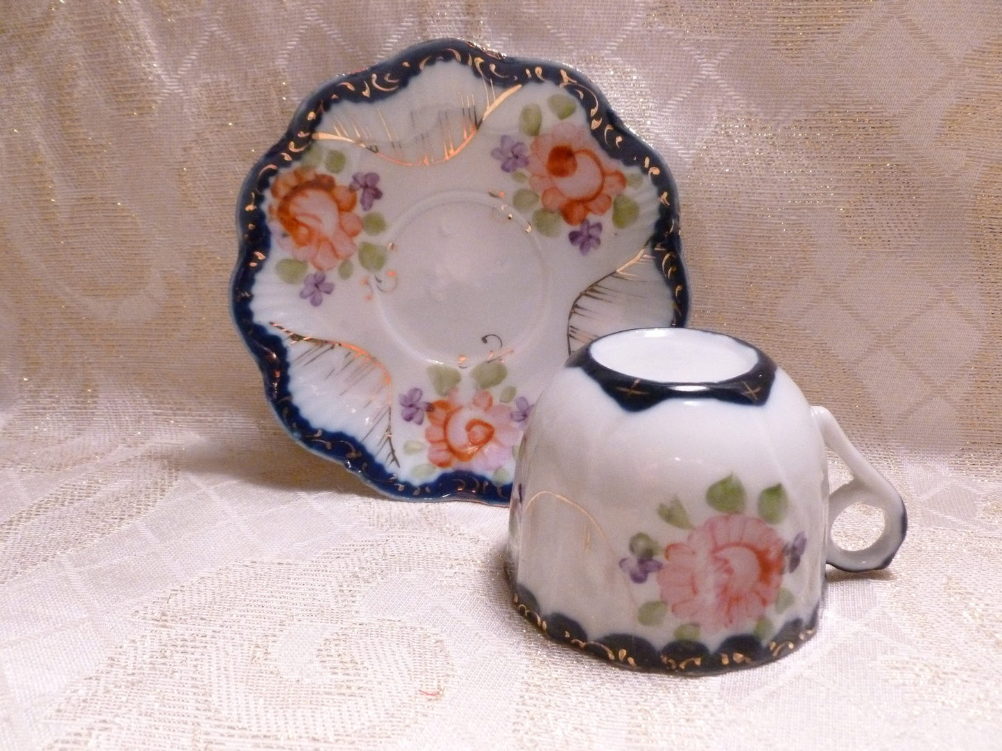 Vintage Floral Bone China Cup and Saucer, Cobalt Blue Trim