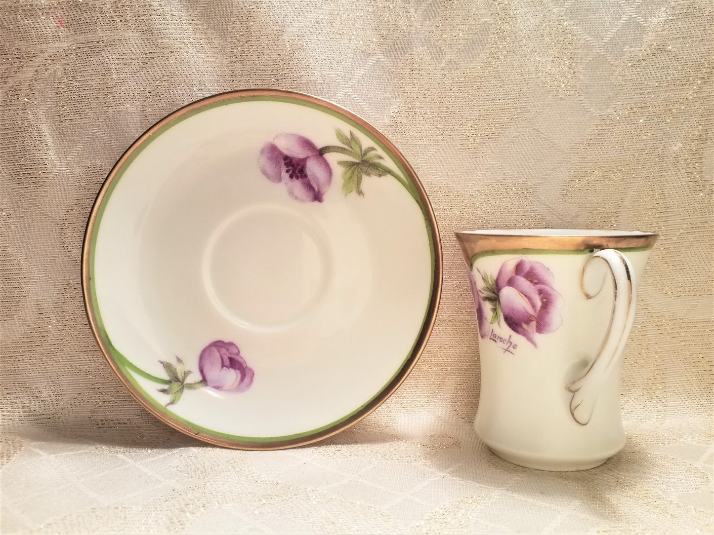 Handpainted Floral Demitasse Cup and Saucer: PT Bavaria Bone China, LaRoche (1927)