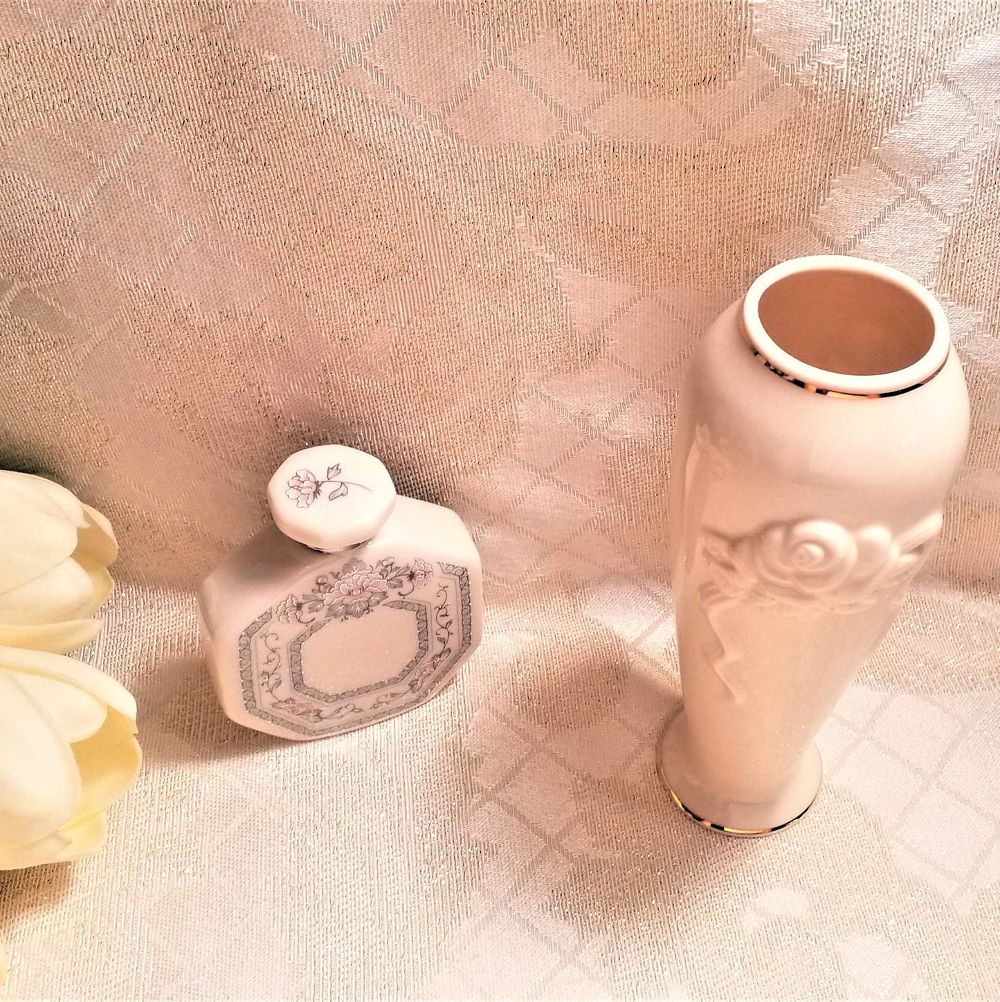 Lenox Charleston Perfume Bottle And Rosebud Vase Set Always FREE Domestic SHIPPING