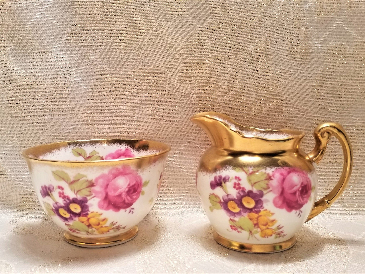 Vintage Foley Bone China Creamer and Sugar Bowl, Floral with Gold Trim