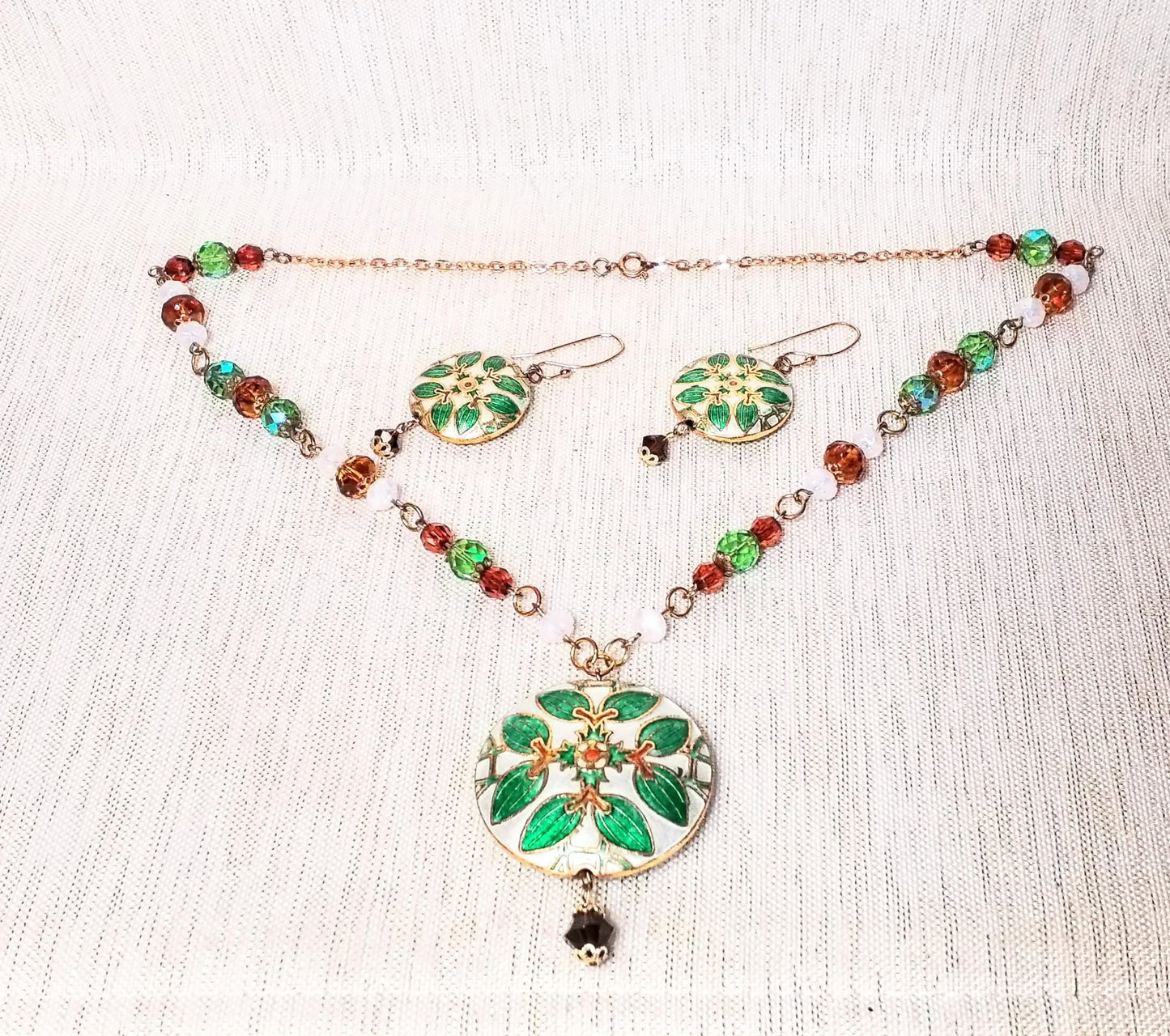 Vintage Cloisonne Pendant and Earrings Set with Original Box