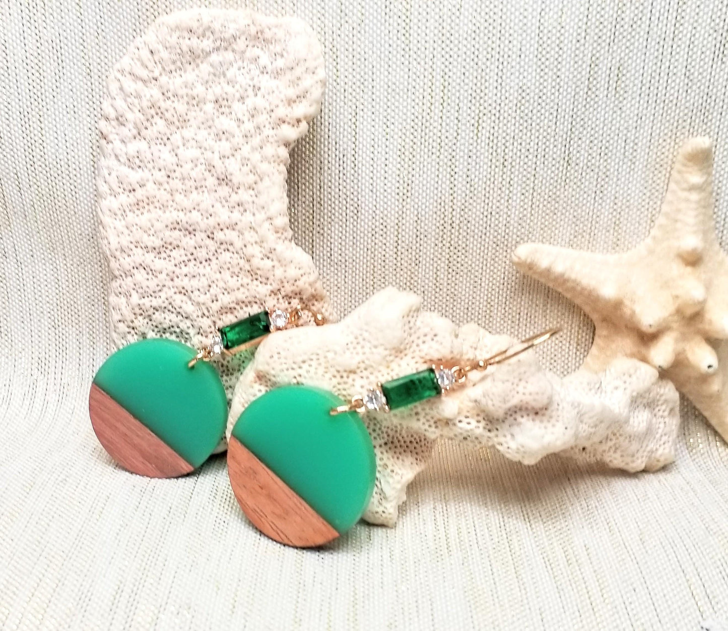 Handcrafted Teal Acrylic Earrings: Wood & Crystal Dangle