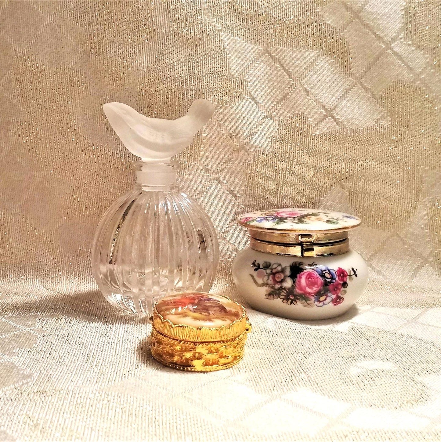 Vintage Perfume Bottle with Bird Stopper and Trinket Jars Floral And Courting Designs Always FREE Domestic SHIPPING