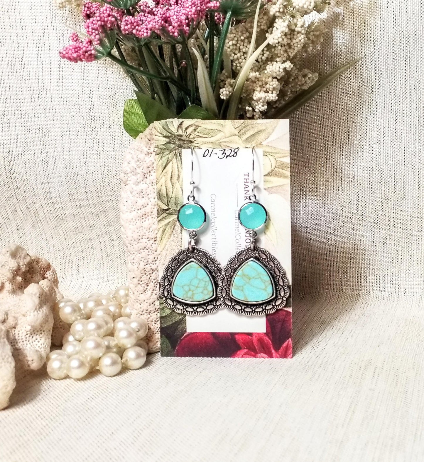 Turquoise Country Western Earrings, Silver Plated Dangles Always FREE Domestic SHIPPING