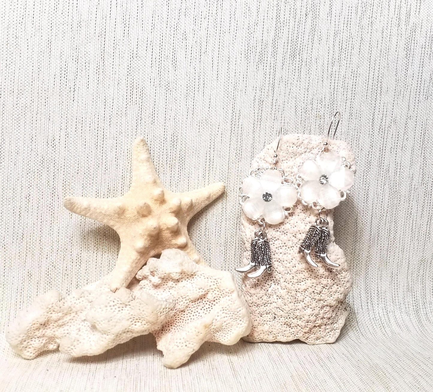 Western Wedding Earrings White Floral Silver Cowgirl Boots Always FREE Domestic SHIPPING