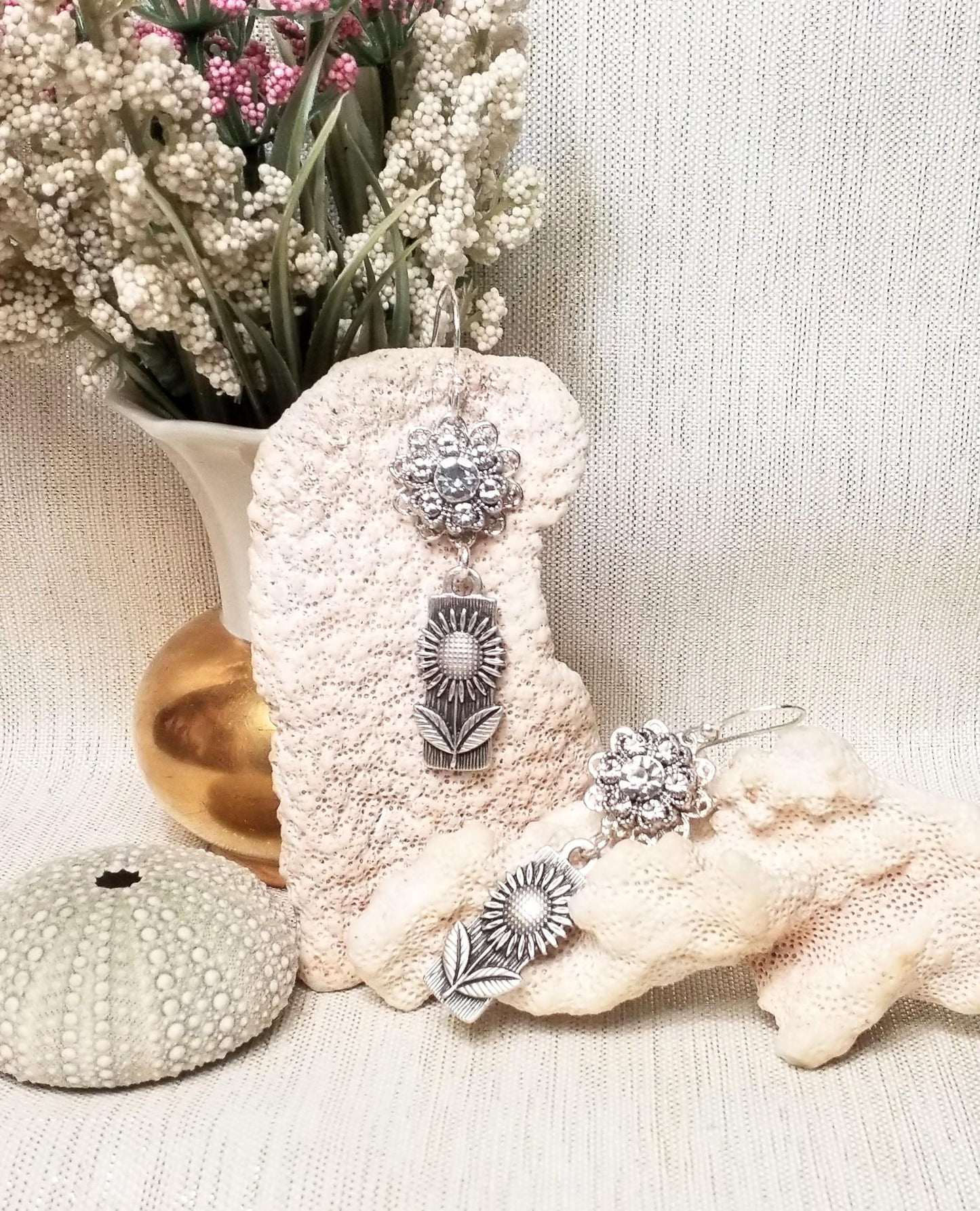 Handcrafted Rhinestone Floral Earrings, Elegant Wedding Jewelry