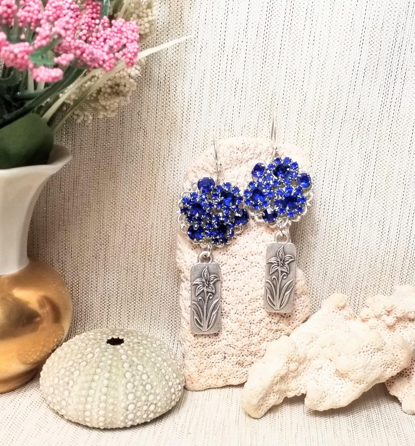 Handcrafted Royal Blue Rhinestone Earrings, Silver Plated Floral Jewelry