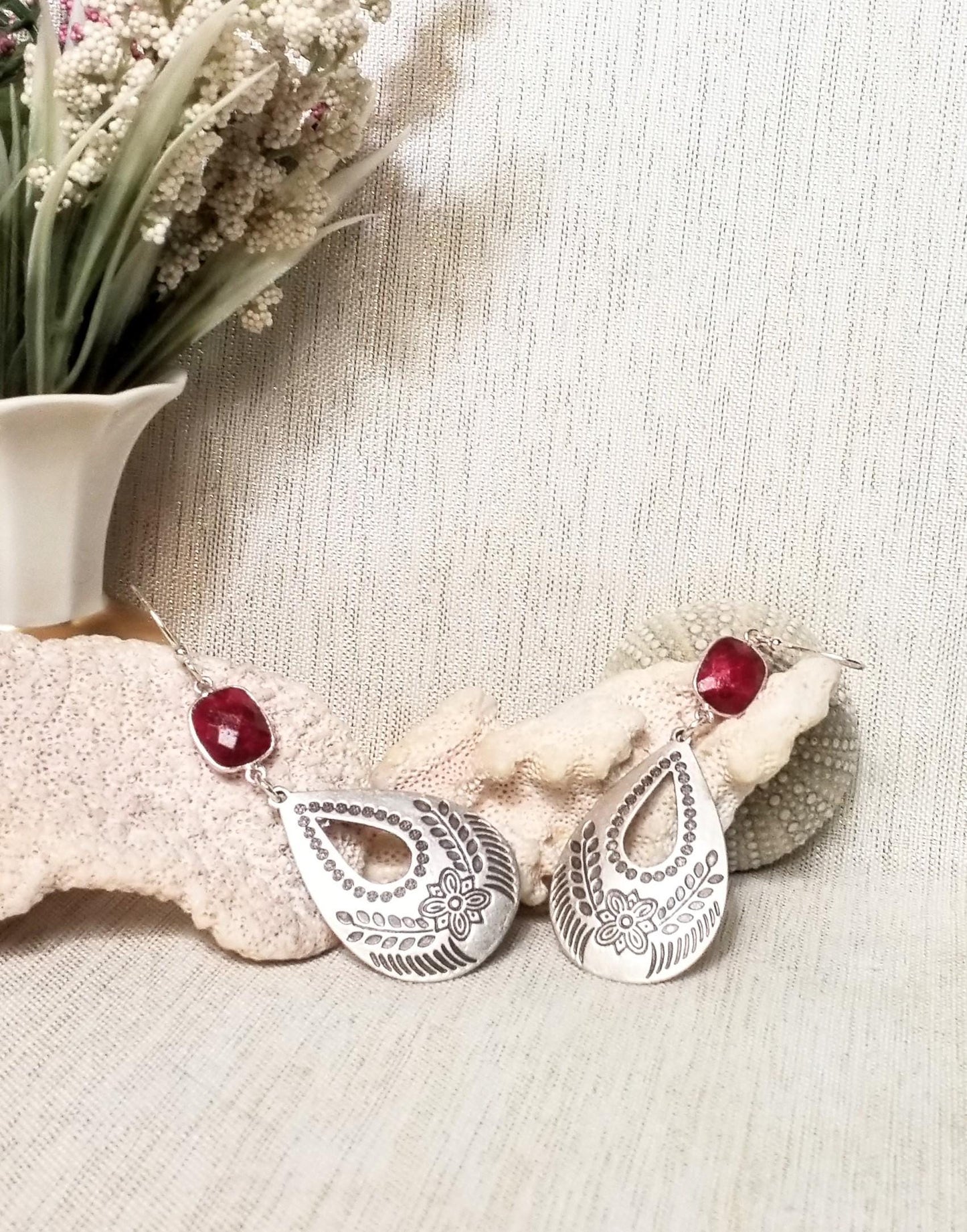 Handcrafted Ruby Teardrop Earrings, Silverplated Floral Charms