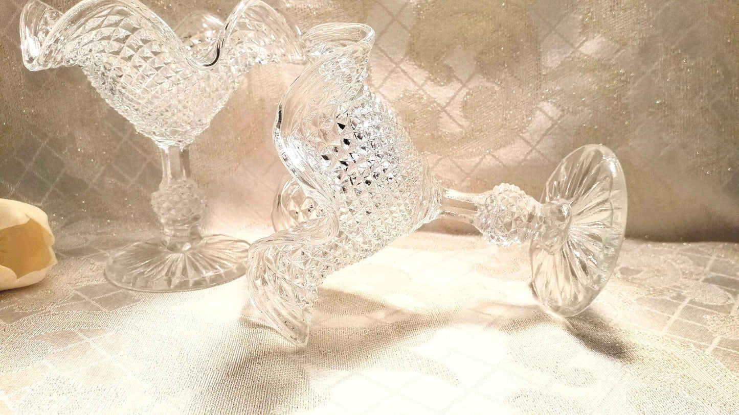 Vintage Ivima Glass Compote Diamond Point Ruffled Rim Portugal Always FREE Domestic SHIPPING