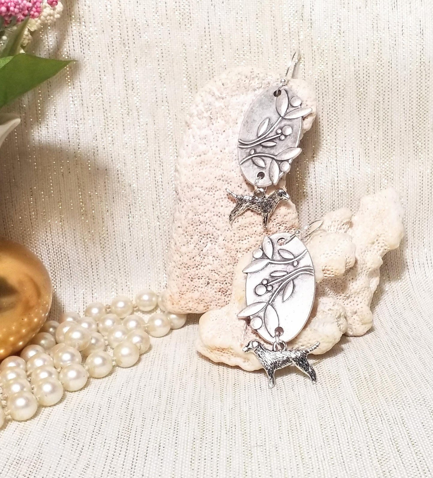 Floral Earrings with Silver Dog Charm, Gift for Pet Lover