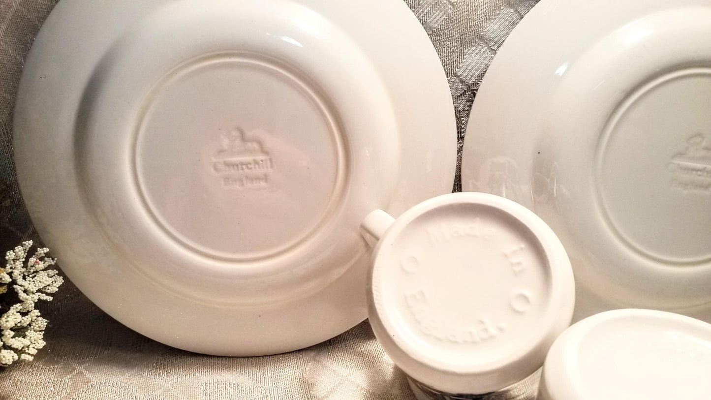 Vintage Churchill Blue Willow Set, England: 2 Mugs & 2 Plates