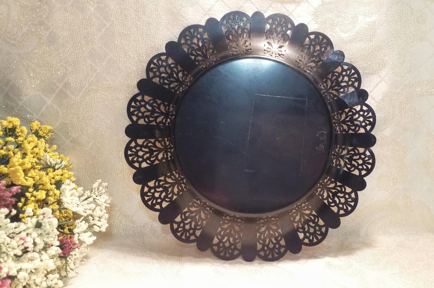 Vintage Metal Plate, Floral Filigree Design, 10-inch Wide