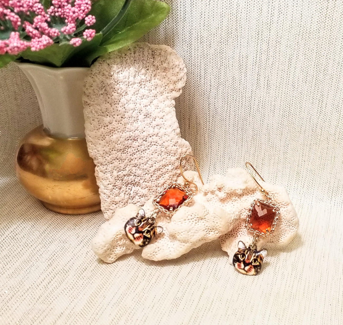 Handcrafted Kitten Earrings: Topaz Crystal, Goldplated Earwires