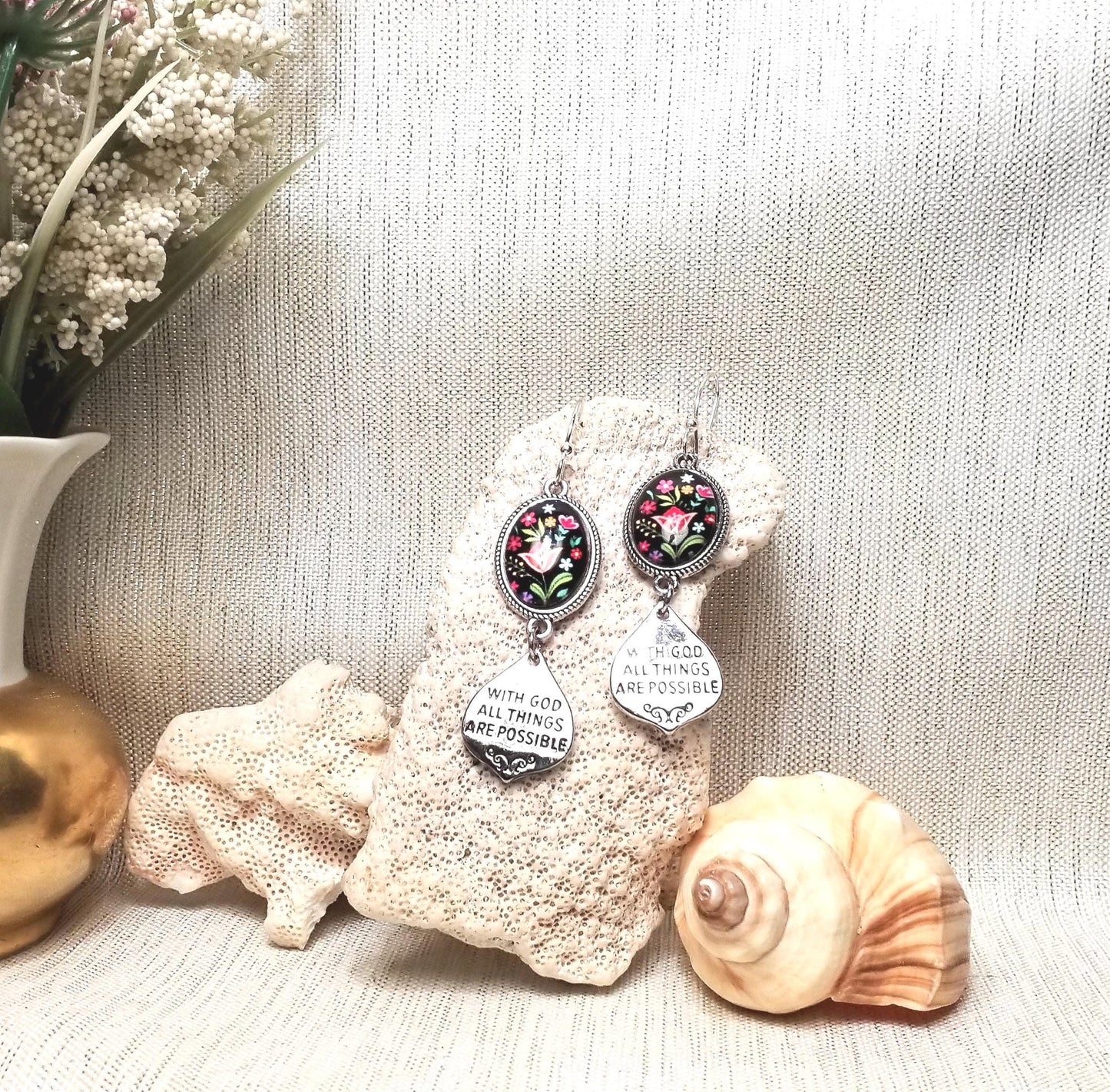 Handcrafted Floral Earrings, Matthew 19:26 Religious Jewelry FREE Domestic SHIPPING