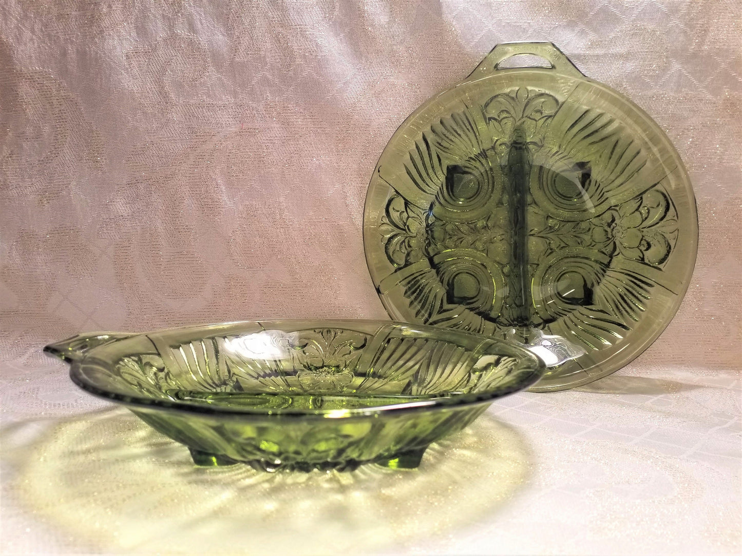 Avacado Green Glass Relish Dishes Set Of Two Beautiful Design Exceptional Display Set Of Two Matching Dishes FREE Domestic SHIPPING