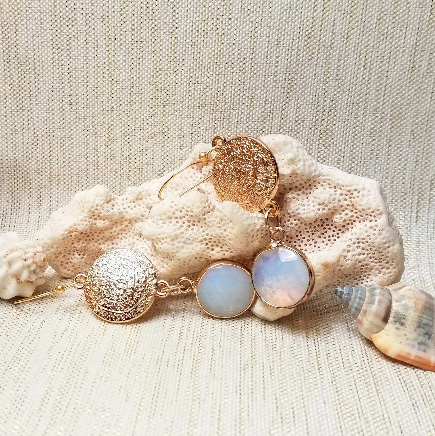 Earrings Handcrafted Beautiful Elegant Greek Medallions With Opalescent Charms And Goldplated Ear Wires Always FREE Domestic SHIPPING