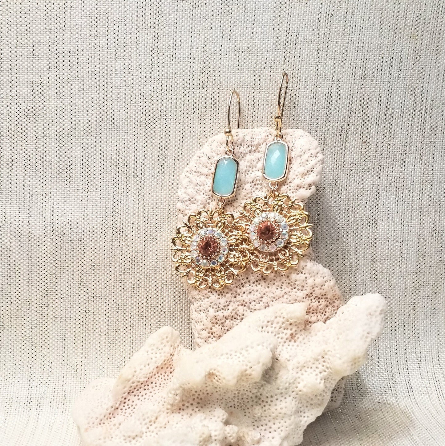 Earrings Beautiful Handcrafted Artisan Style Elegant Gold Plated Filigree With Pretty Opaque Teal Top Charms Always FREE Domestic SHIPPING