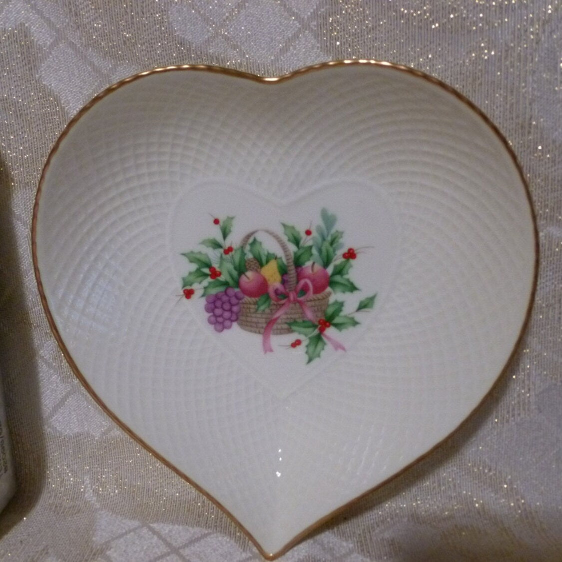 Beautiful Vintage Mikasa Heart Dish New With Original Box Fruit Foliage In Basket Design With Gold Trim Always FREE Domestic SHIPPING
