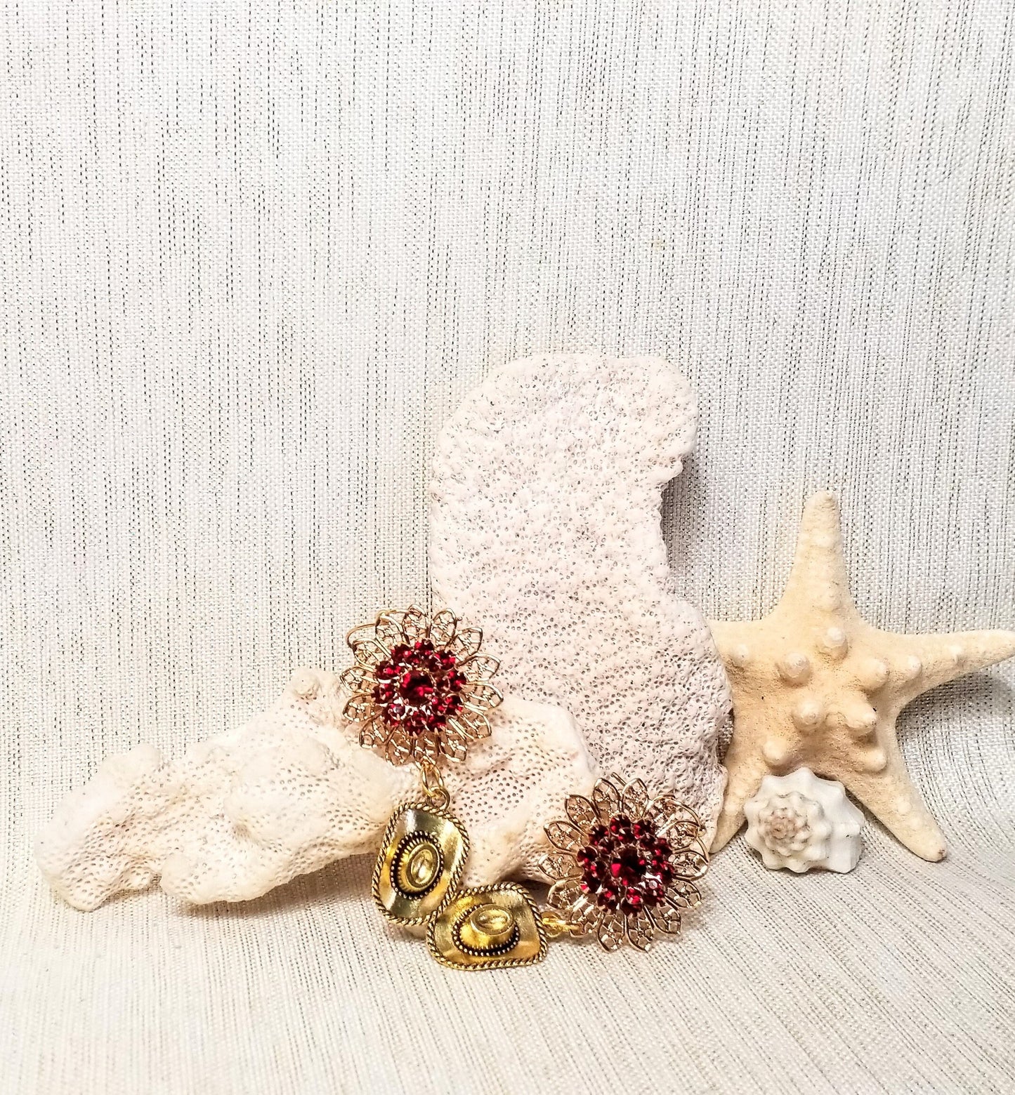 Earrings Beautiful Elegant Red Swarovski Crystals On Gold Plated Filigree With Gold Cowgirl Hats Always FREE Domestic SHIPPING