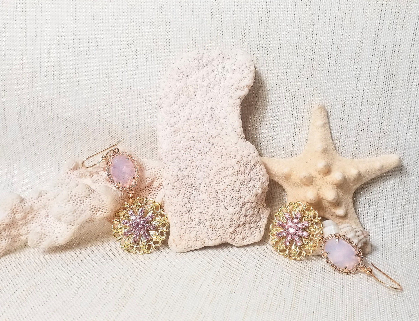 Earrings Handcrafted Pretty Princess Pink Crystals And Rhinestones With Golden Filigree Ear Wires For Comfort Always FREE Domestic SHIPPING