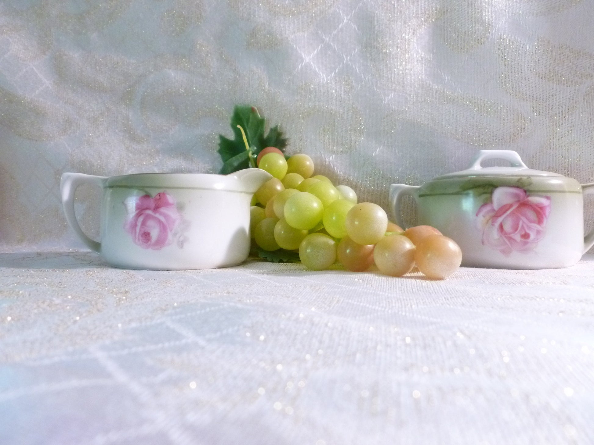 Prussia R&S Porcelain Creamer and Sugar Bowl Set, Hand Painted Pink Roses
