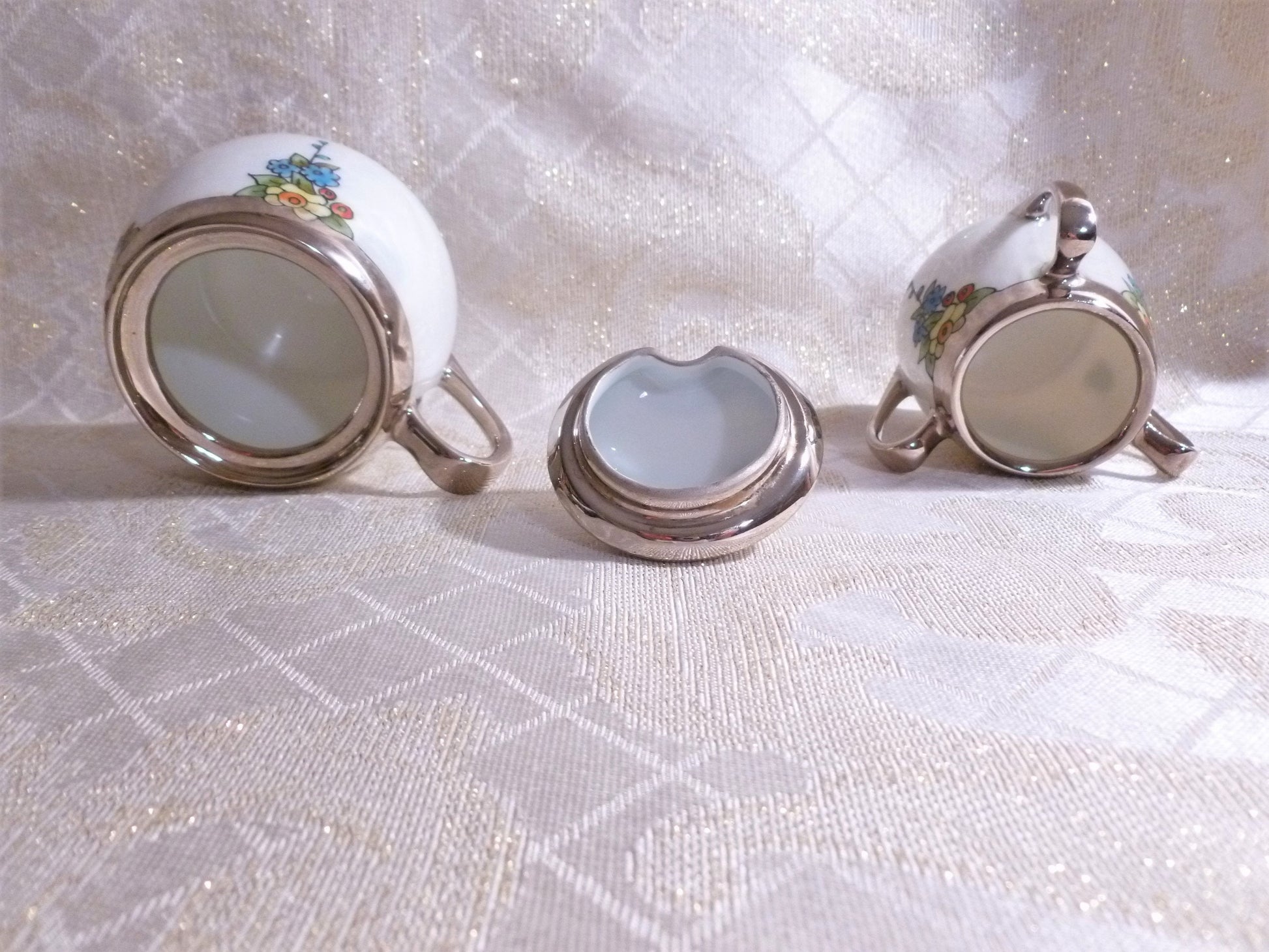 Vintage Lusterware Condiment Set: Floral Design, Silver Glaze, Germany