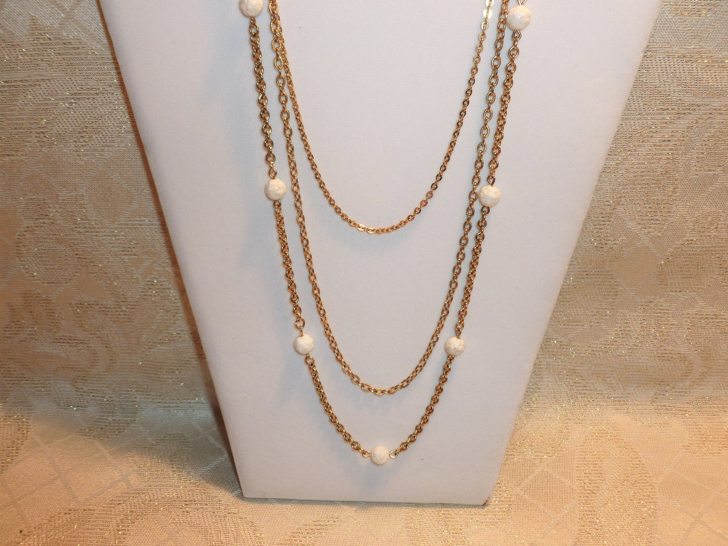Vintage Napier Necklace, Elegant Gold Tone Three Strand with White Beads