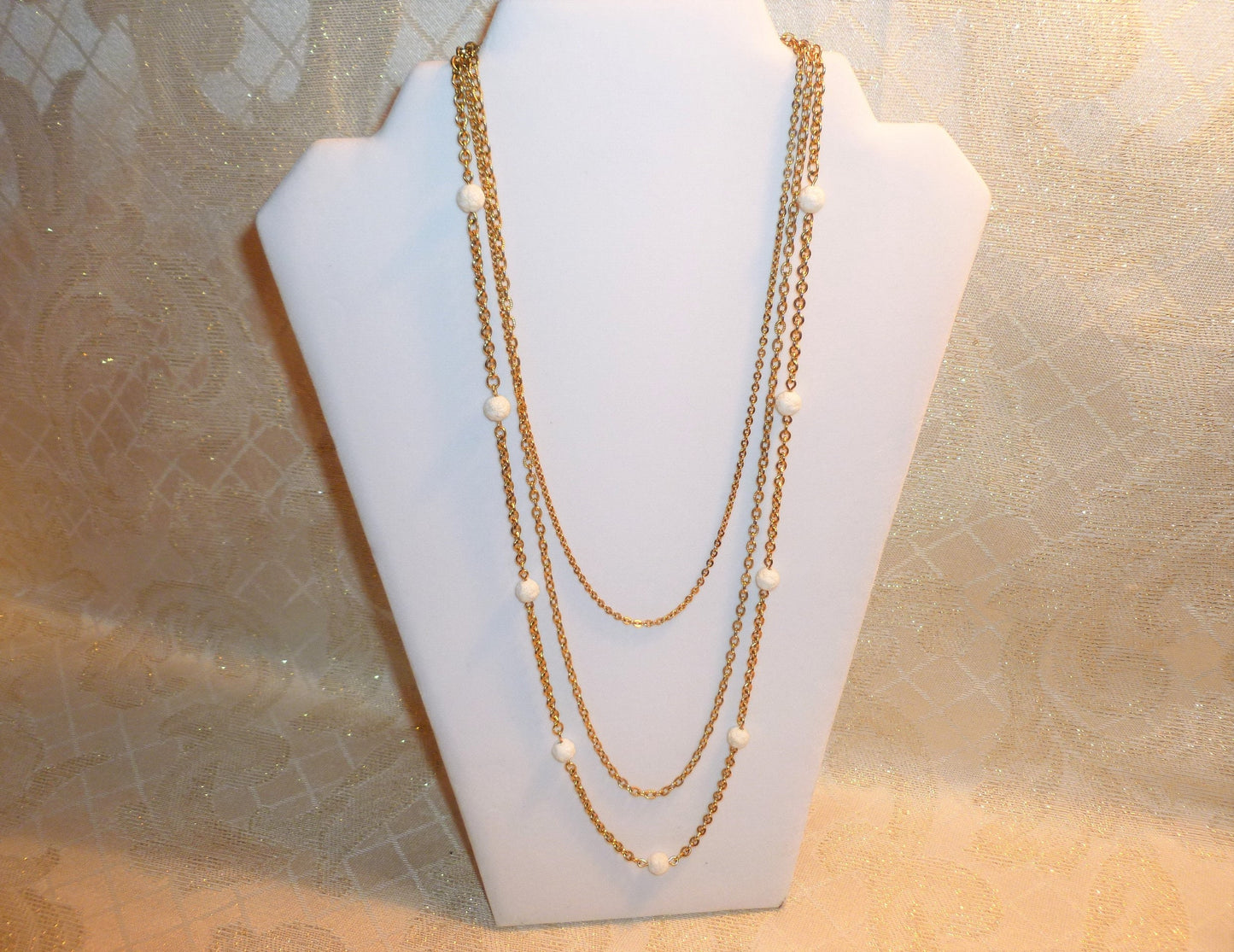 Vintage Napier Necklace, Elegant Gold Tone Three Strand with White Beads