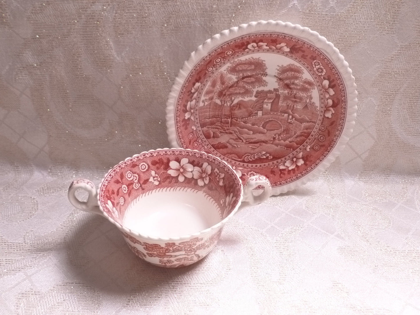 Vintage Spode's Tower Cream Soup Cup and Saucer, 1920s Red Transferware