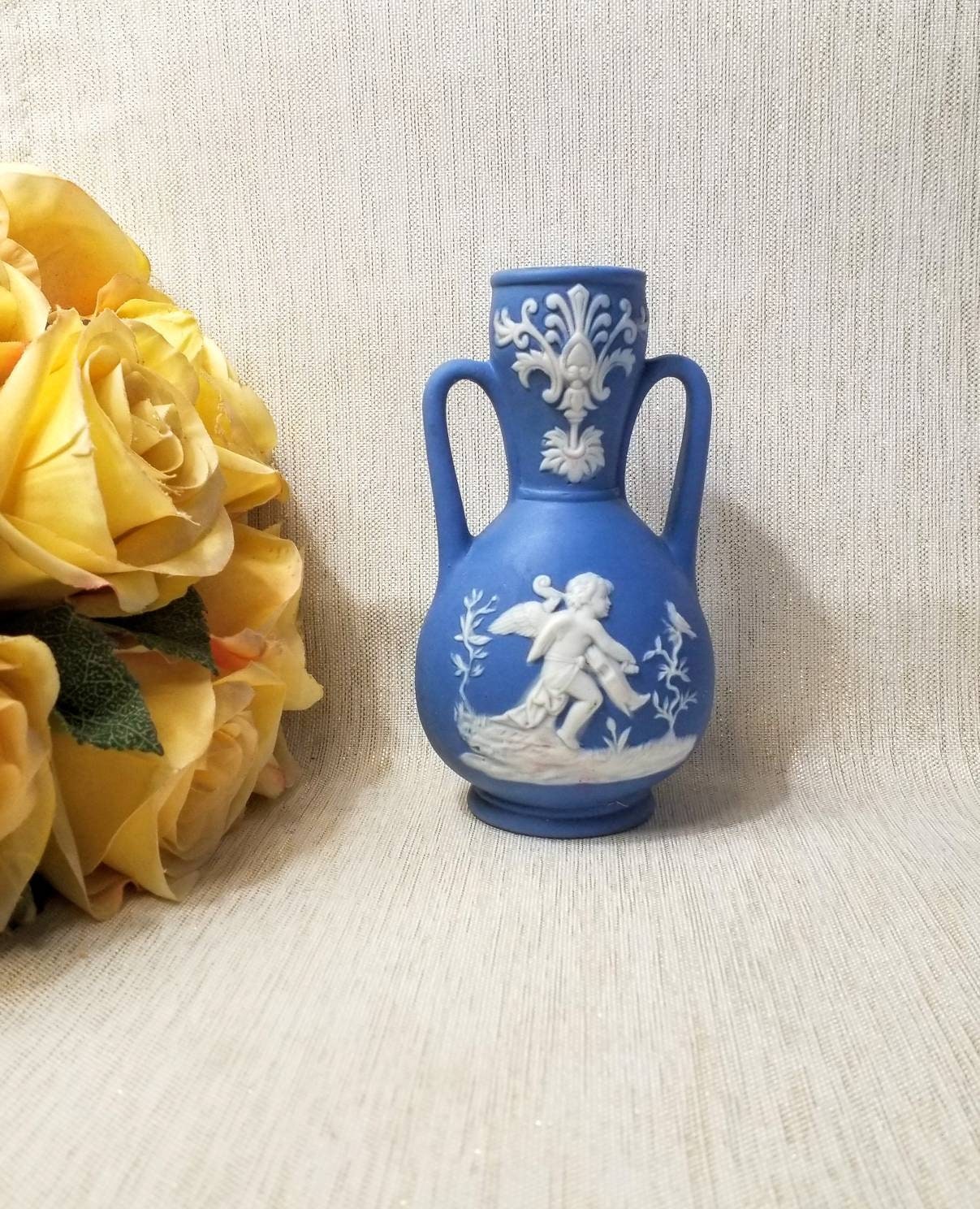 Vintage Jasperware Blue Bud Vase, White Silhouette Design, Made in Germany