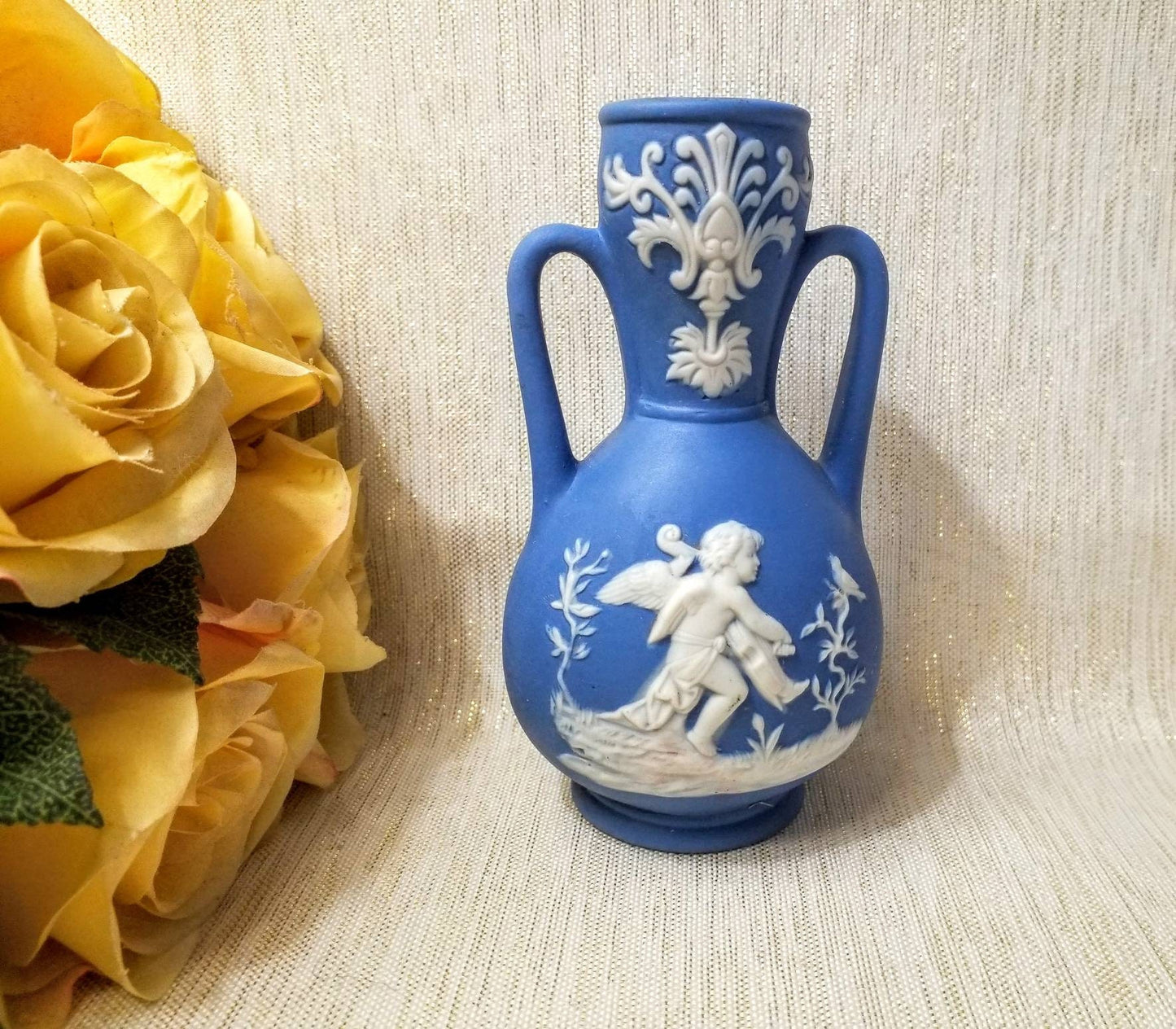 Vintage Jasperware Blue Bud Vase, White Silhouette Design, Made in Germany