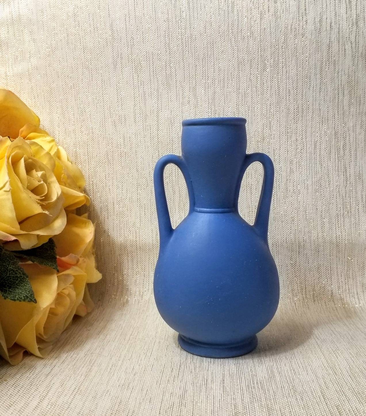 Vintage Jasperware Blue Bud Vase, White Silhouette Design, Made in Germany