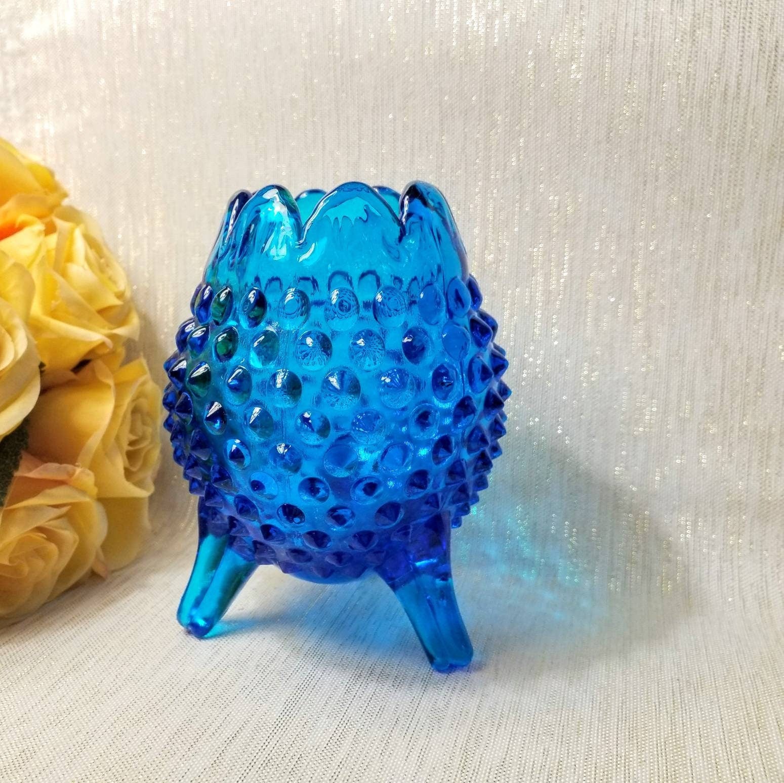 Vintage Fenton Blue Hobnail Footed Bud Vase, Floral Display