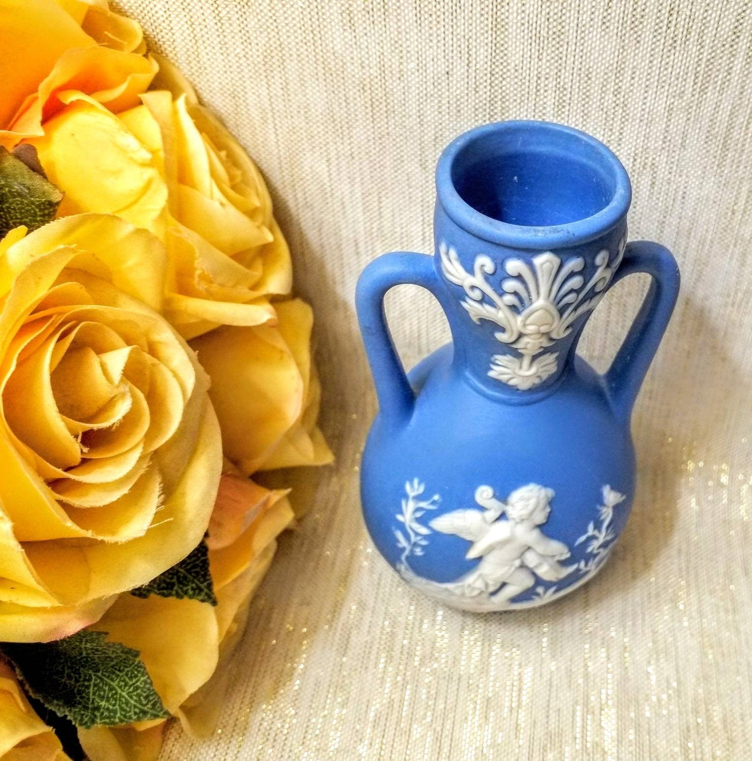 Vintage Jasperware Blue Bud Vase, White Silhouette Design, Made in Germany