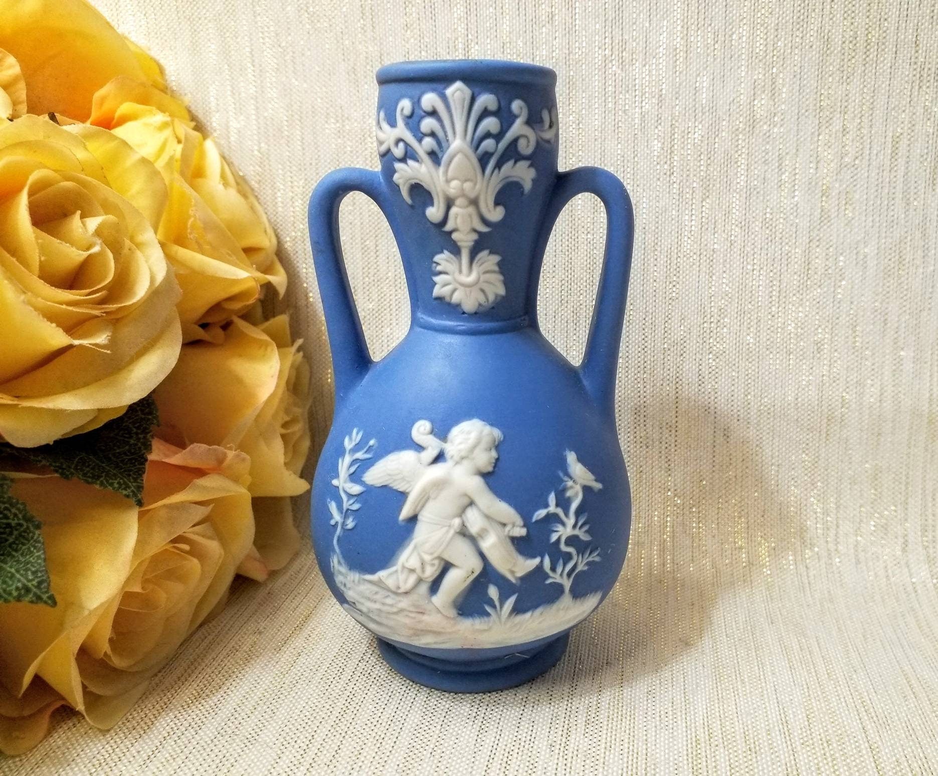Vintage Jasperware Blue Bud Vase, White Silhouette Design, Made in Germany