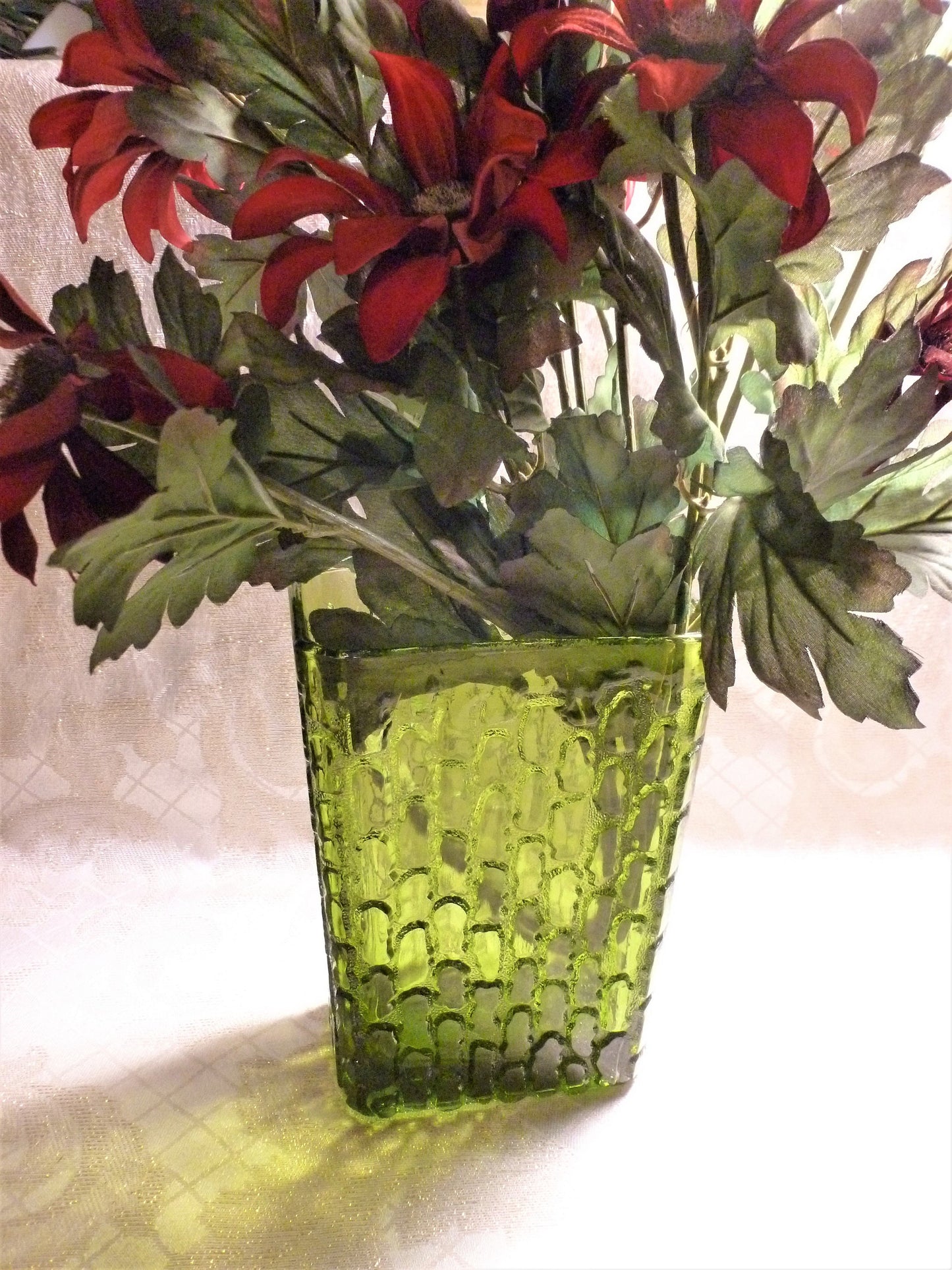 Handcrafted Green Glass Vase, Intricate Design