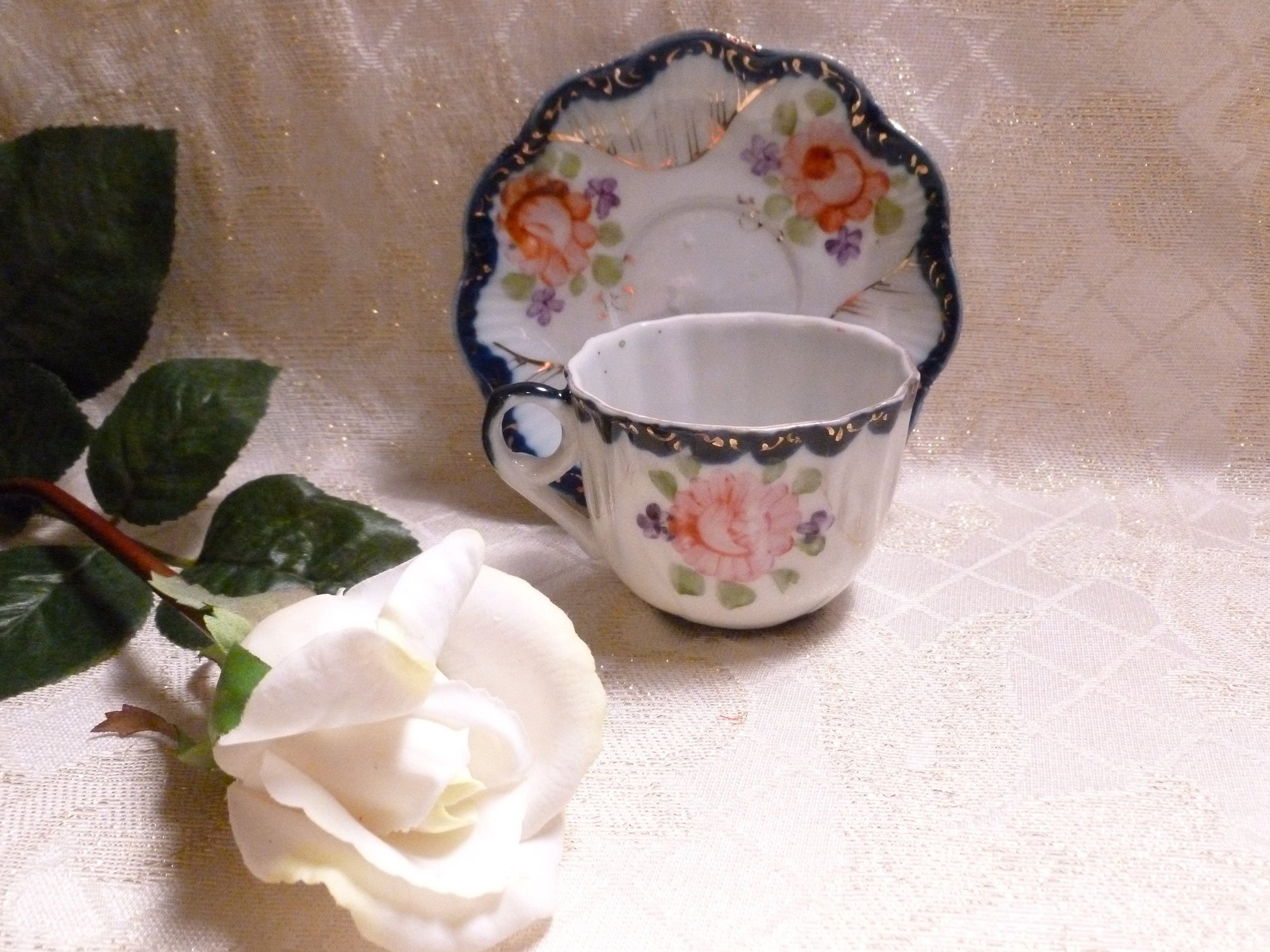 Vintage Floral Bone China Cup and Saucer, Cobalt Blue Trim