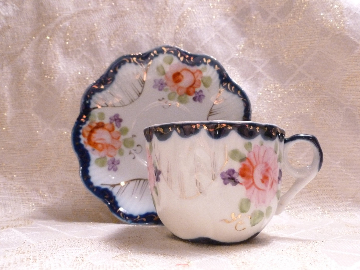 Vintage Floral Bone China Cup and Saucer, Cobalt Blue Trim