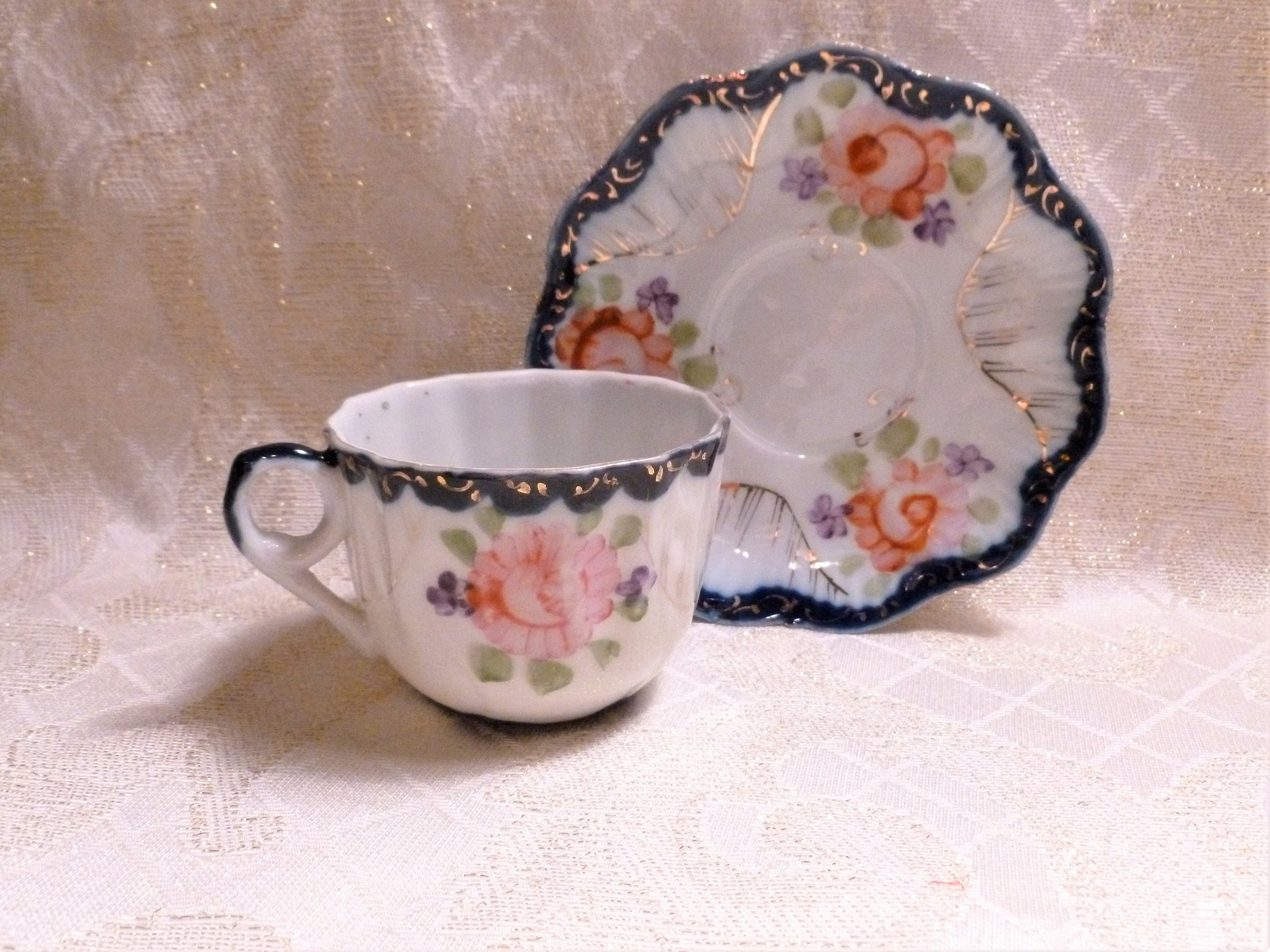 Vintage Floral Bone China Cup and Saucer, Cobalt Blue Trim