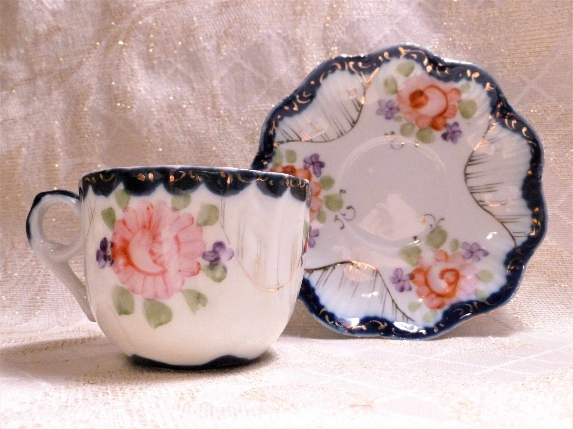 Vintage Floral Bone China Cup and Saucer, Cobalt Blue Trim