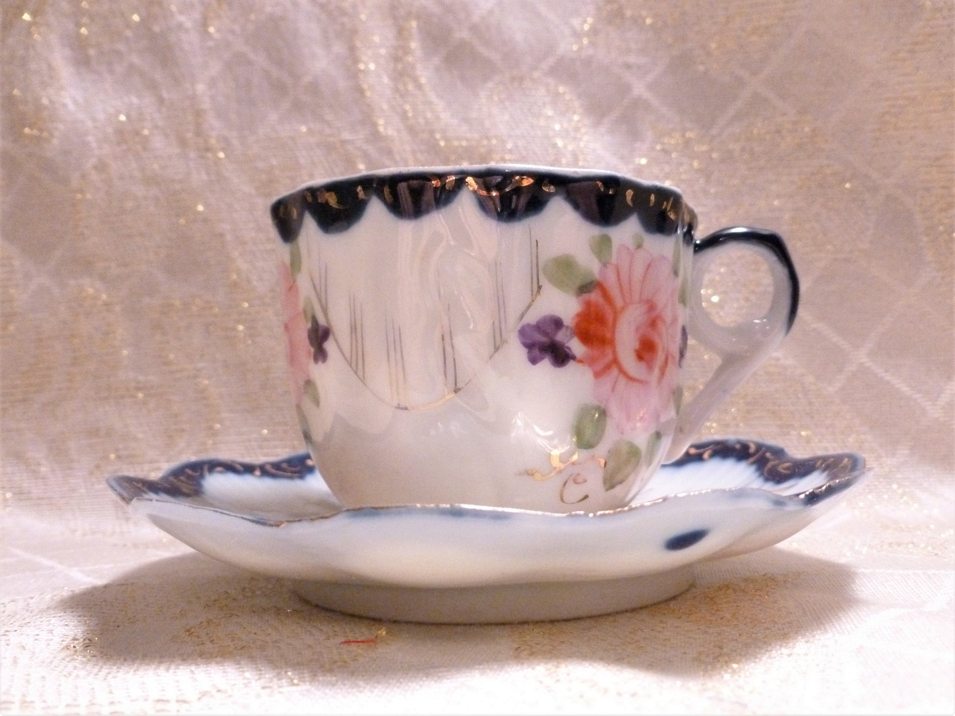 Vintage Floral Bone China Cup and Saucer, Cobalt Blue Trim