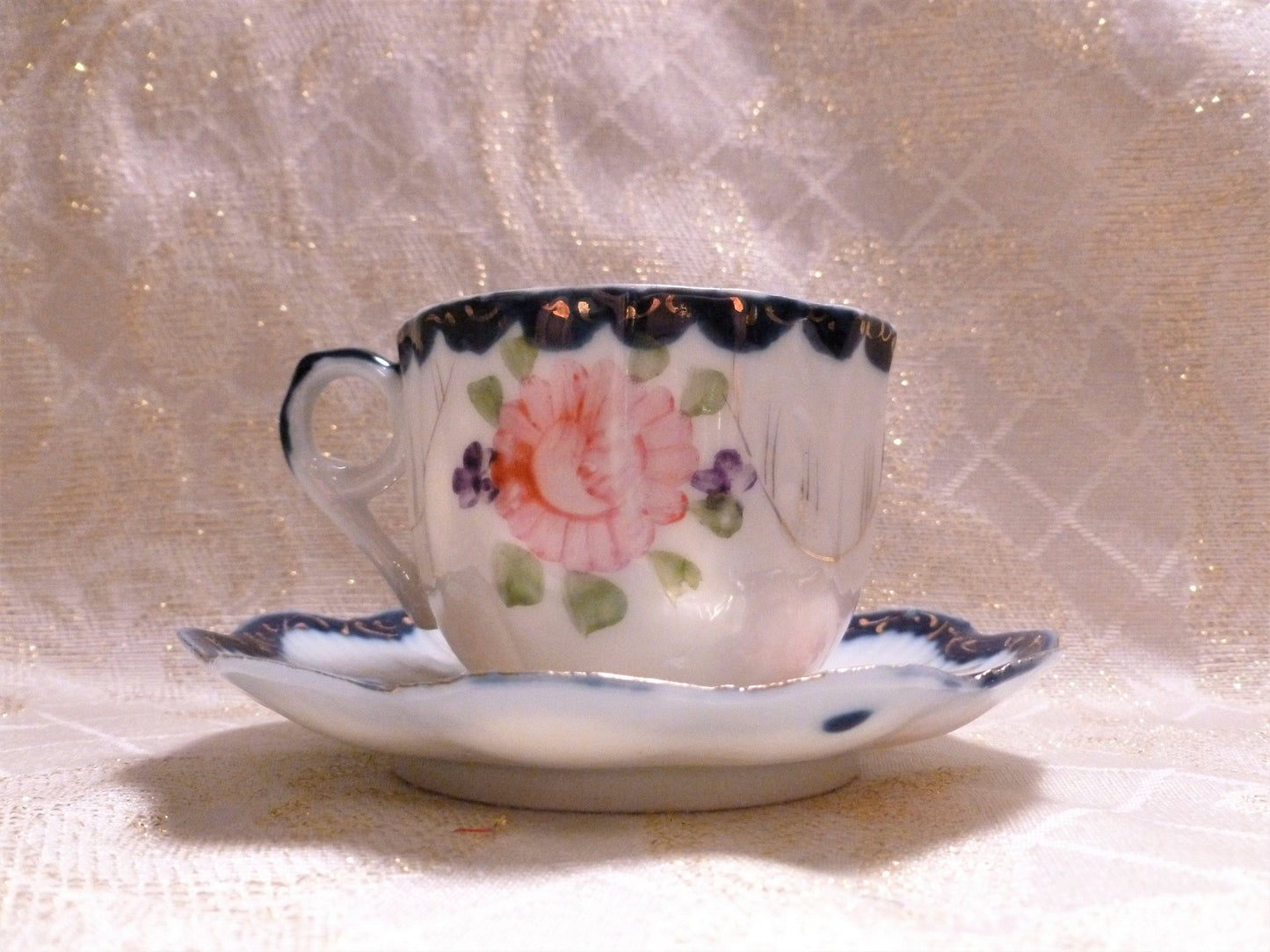 Vintage Floral Bone China Cup and Saucer, Cobalt Blue Trim