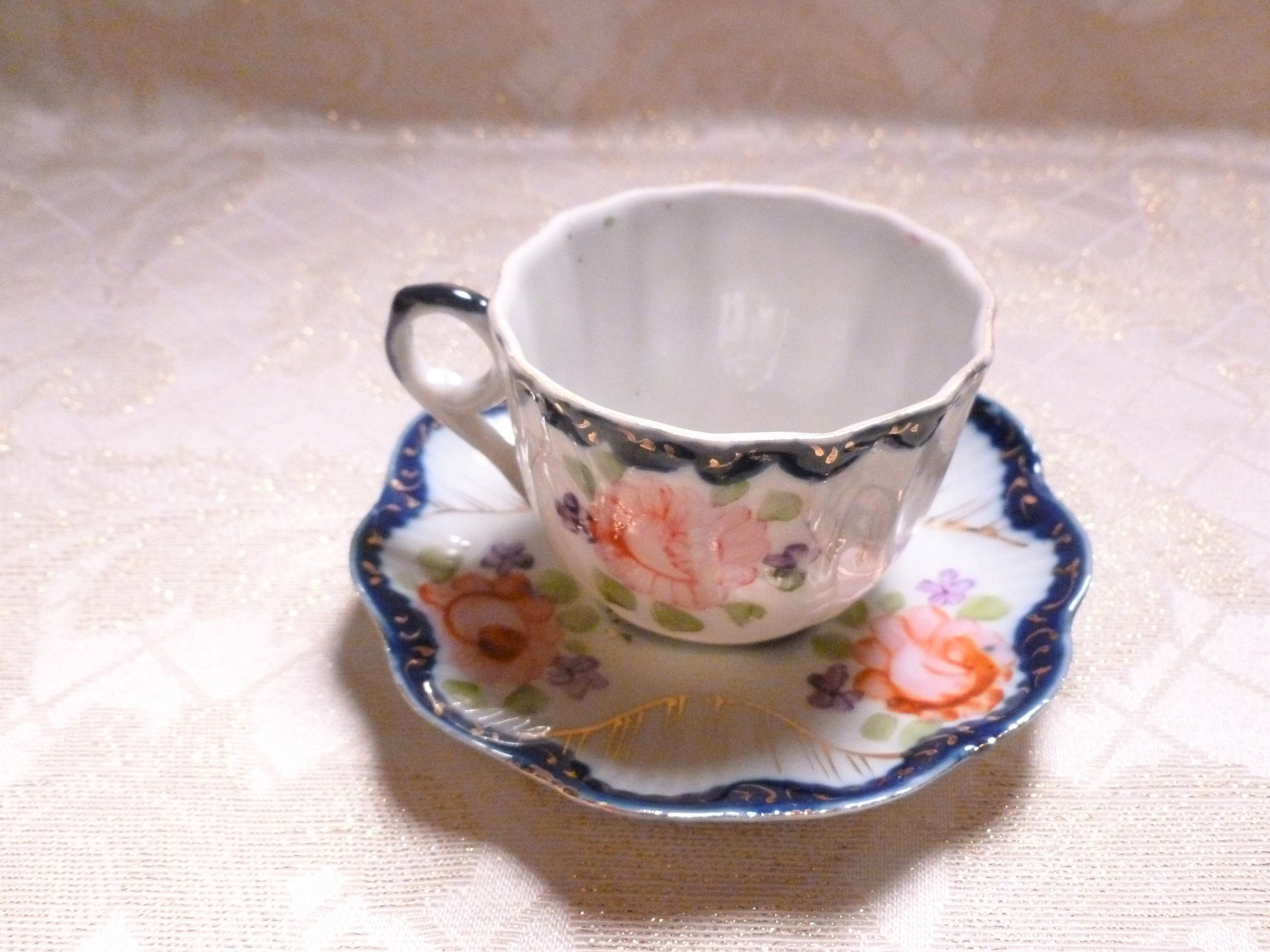 Vintage Floral Bone China Cup and Saucer, Cobalt Blue Trim