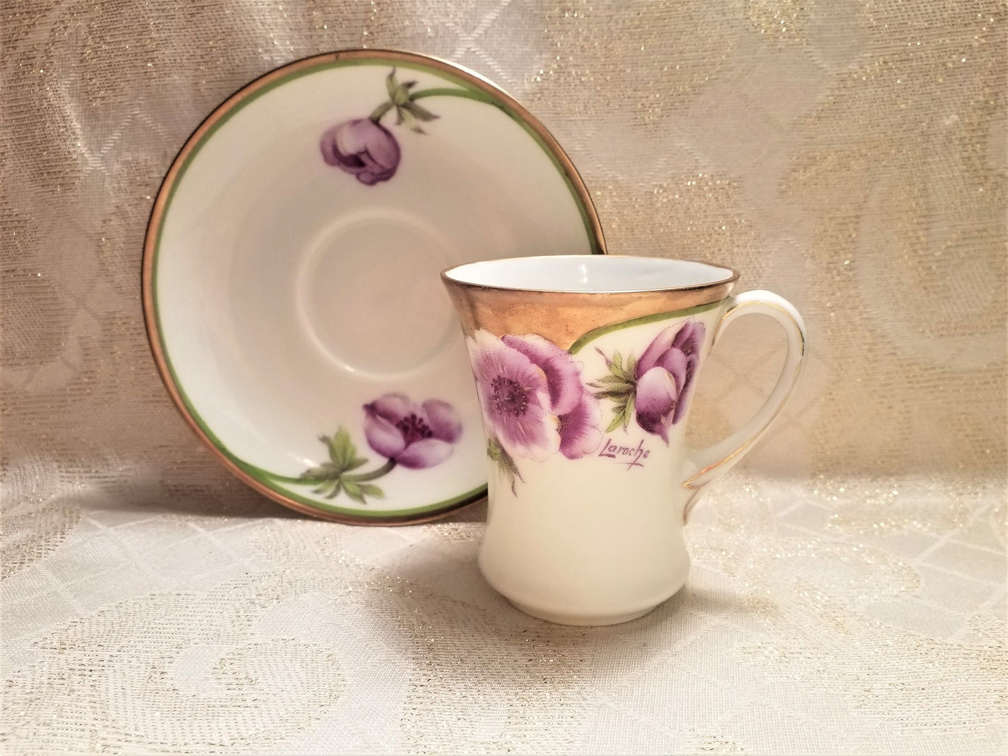 Handpainted Floral Demitasse Cup and Saucer: PT Bavaria Bone China, LaRoche (1927)