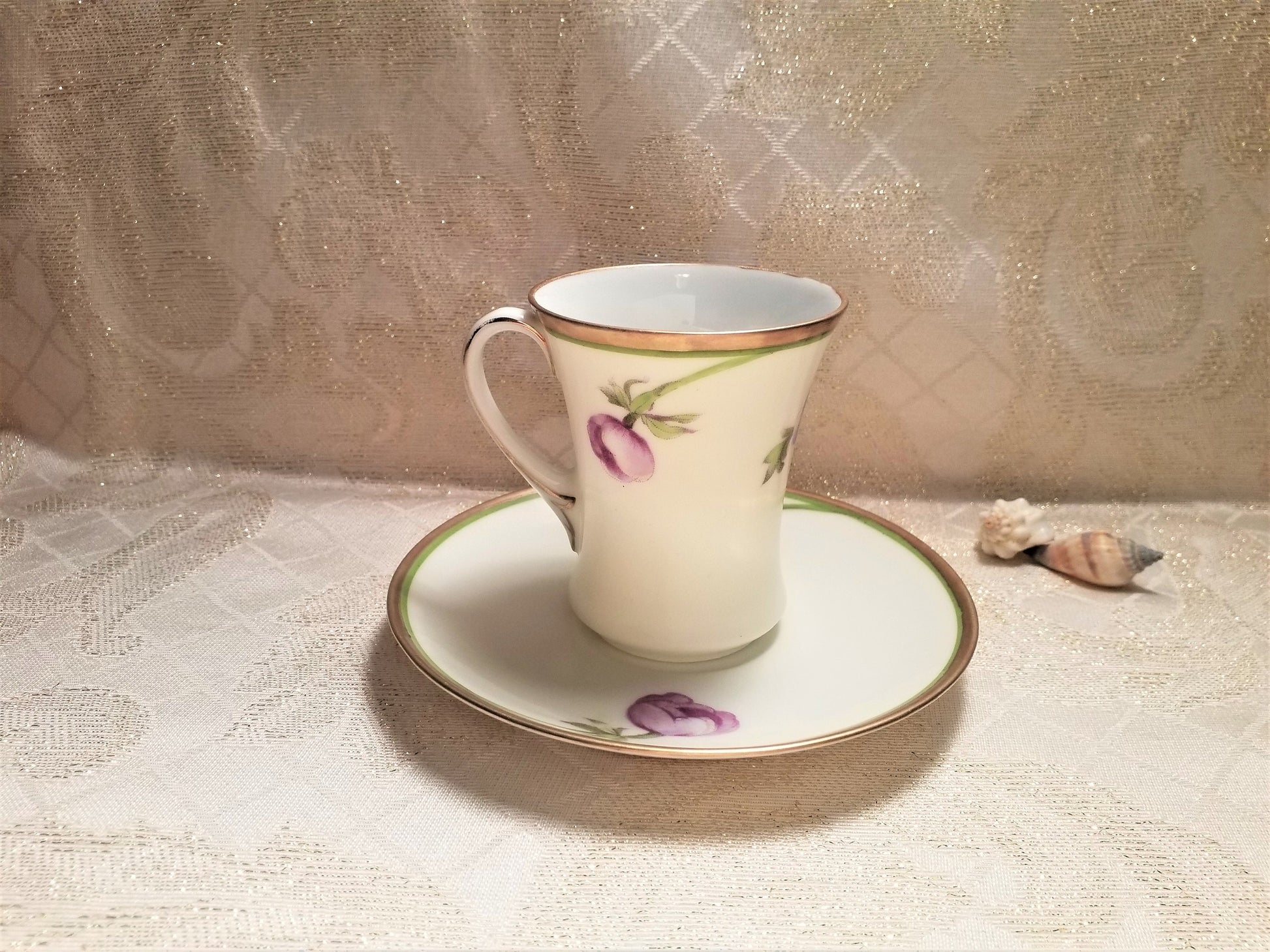 Handpainted Floral Demitasse Cup and Saucer: PT Bavaria Bone China, LaRoche (1927)