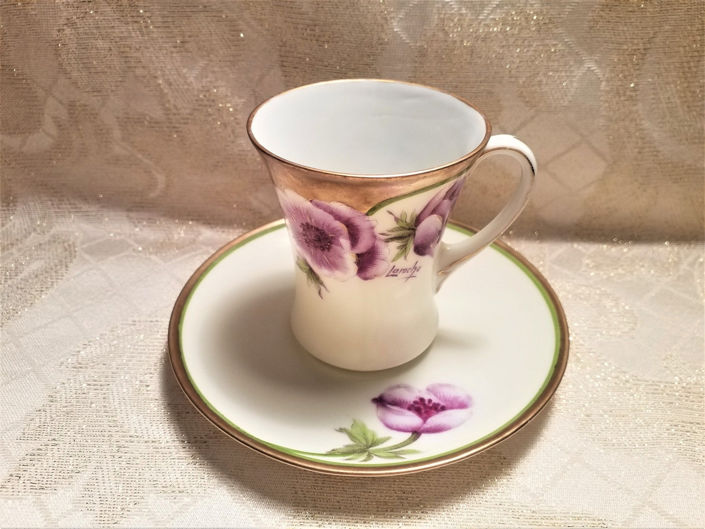 Handpainted Floral Demitasse Cup and Saucer: PT Bavaria Bone China, LaRoche (1927)