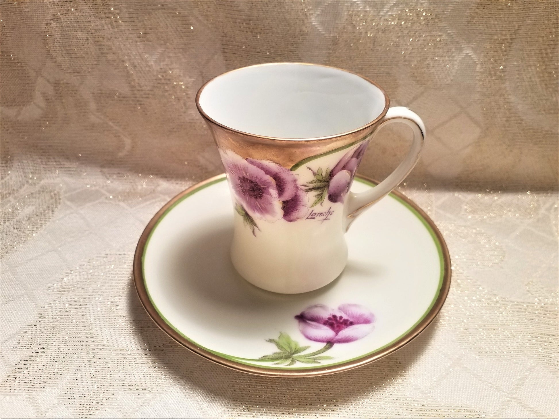 Handpainted Floral Demitasse Cup and Saucer: PT Bavaria Bone China, LaRoche (1927)