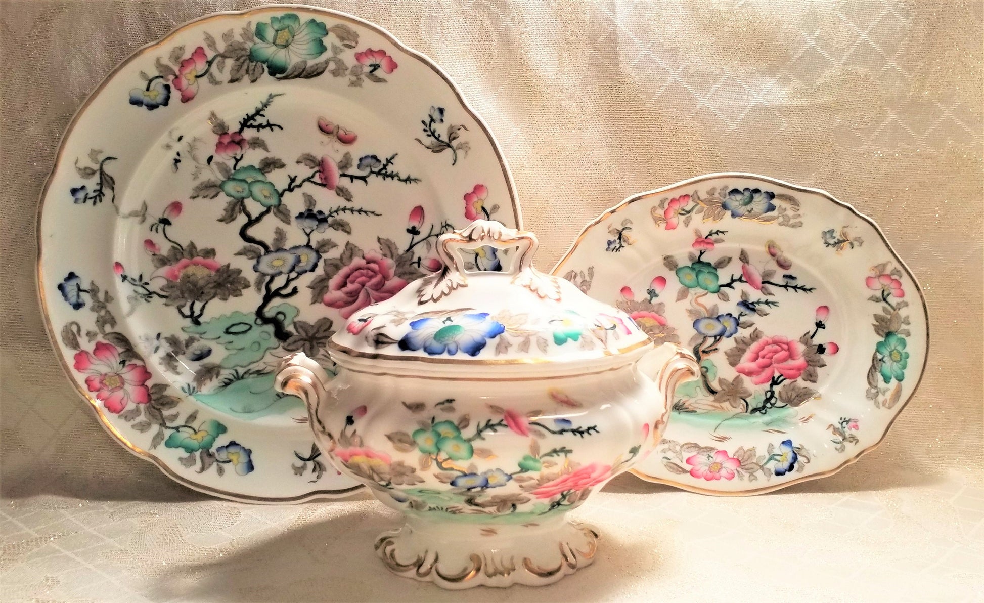 Vintage Tree Of Life Porcelain Serving Set: Tureen, Lid & Saucer