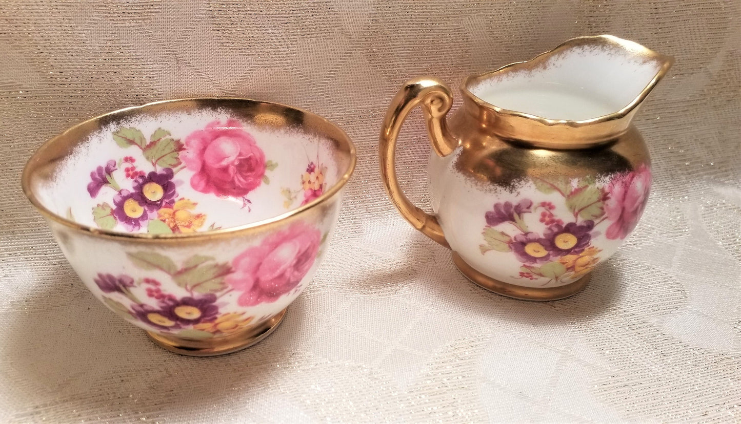 Vintage Foley Bone China Creamer and Sugar Bowl, Floral with Gold Trim